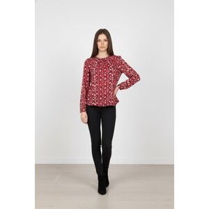 West Kei Women's Red Print Blouse Long Sleeve Tie Back, Size S, New